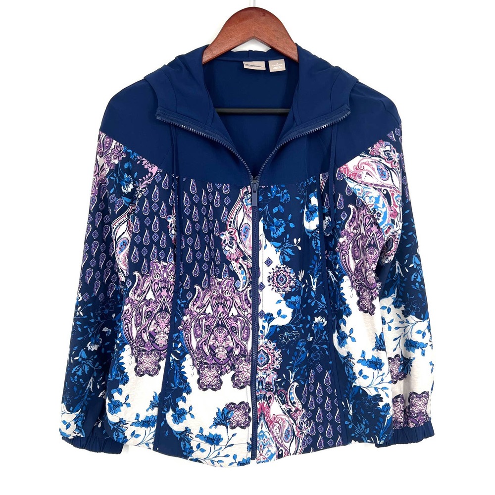 Chico's Womens Size 0 SMALL Blue Floral Athletic Casual Jacket Blouse Shirt Top